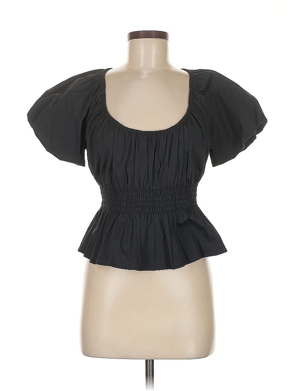 STAUD Puff-Sleeve Smocked Peplum Top - Black